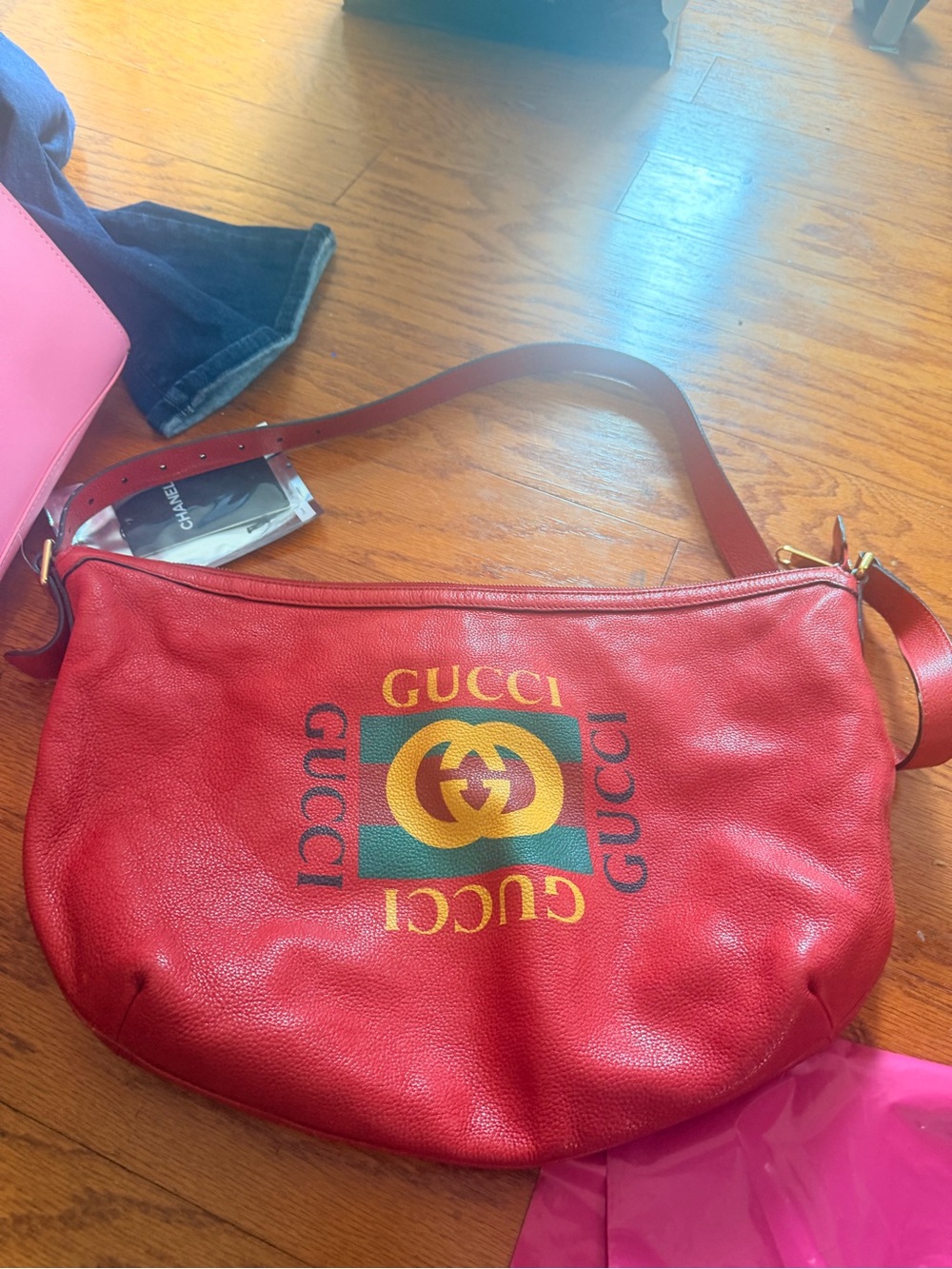 Gucci Red Leather Crossbody Bag with Green and Gold Logo